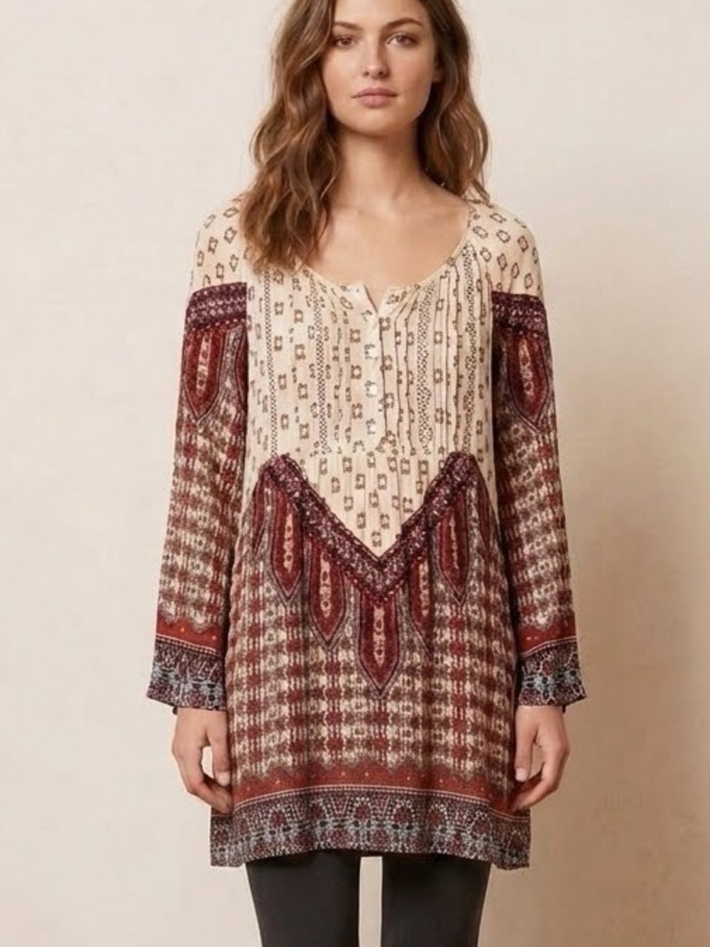 Altar'd State Bohemian Cream & Maroon Long Sleeve Tunic NEW Size Medium NWT
